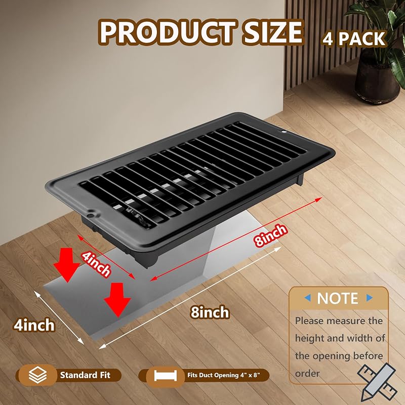 4 Pzas Rejilla Ventilación Suelo RV 4x8" Negro