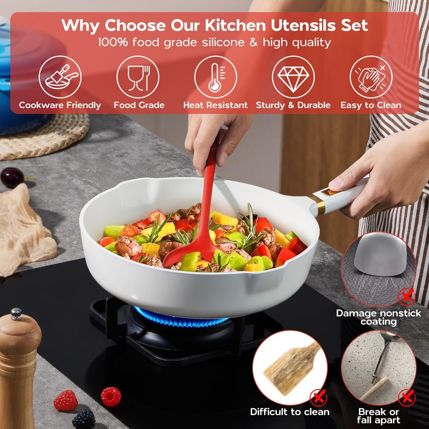 Set 6 Utensilios Cocina Silicona Rojos Antiadherentes