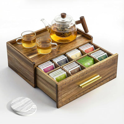 Organizador bolsas té madera acacia 8 compartimentos patrón tallado