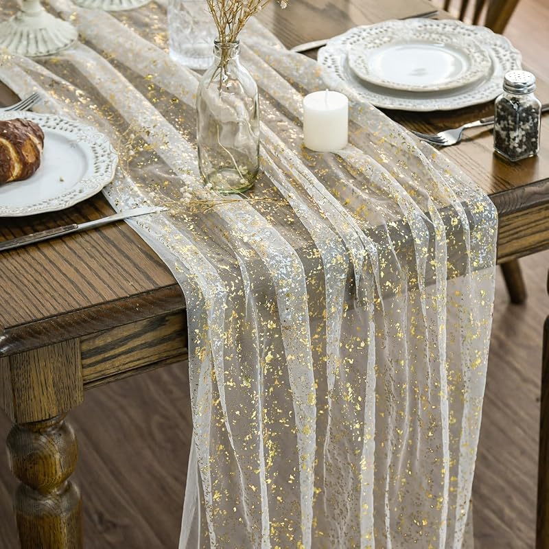 Camino mesa gasa beige dorado 120pulg 10ft purpurina transparente