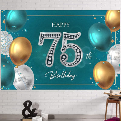 Fondo pancarta feliz cumpleaños 75 años 6x4ft verde plateado