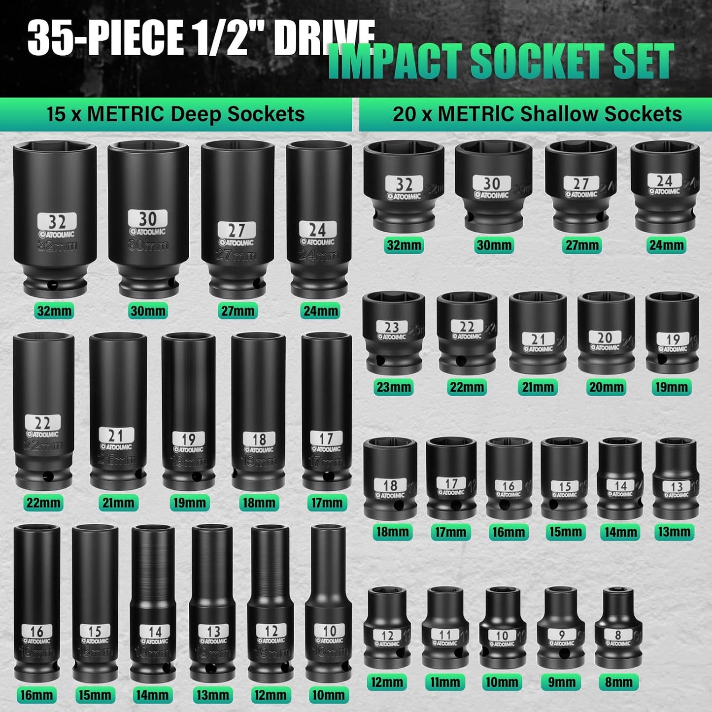 Set 35 Pzas Llaves Impacto 1/2pulg Acero CR-MO