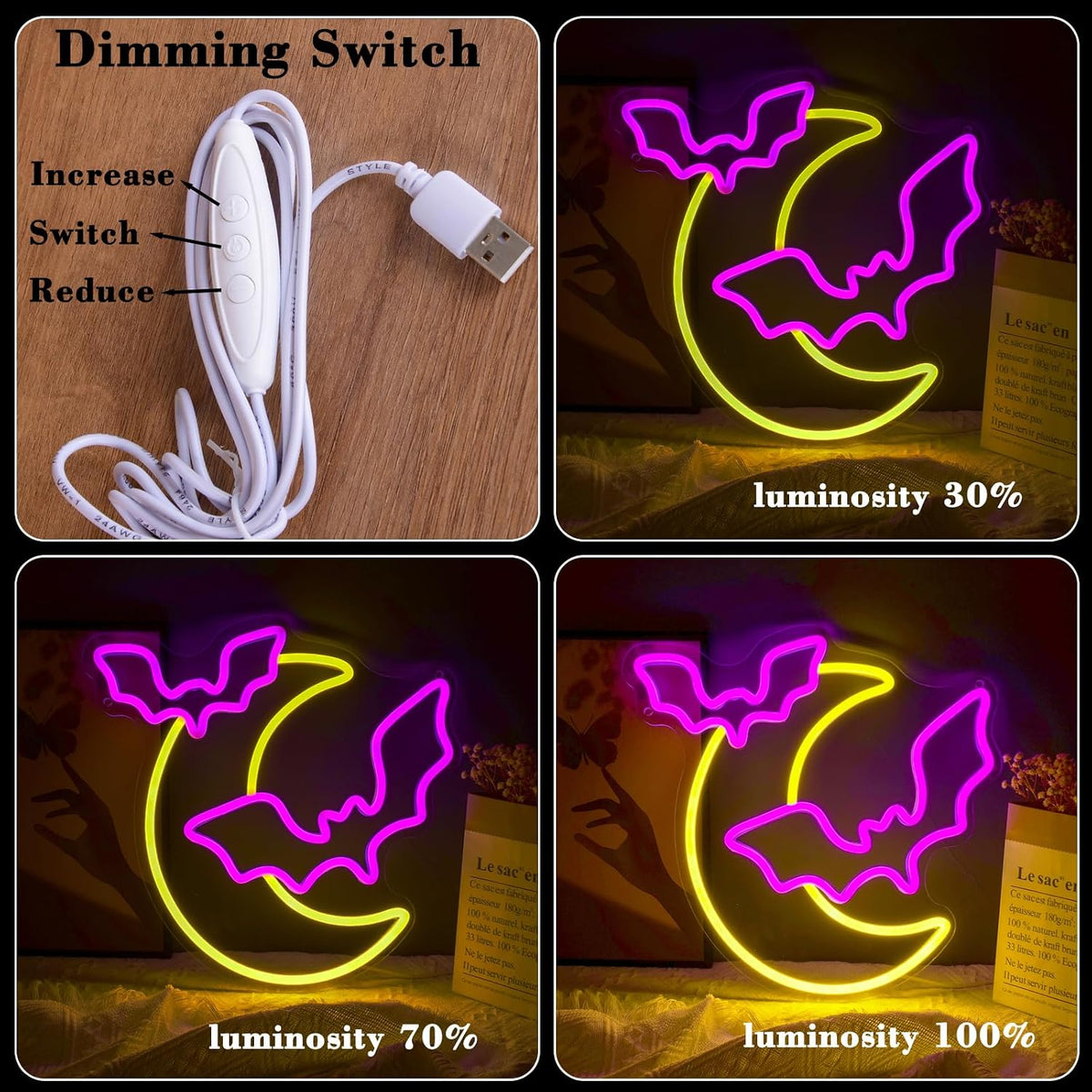 Luz led neón luna murciélago decoración halloween usb