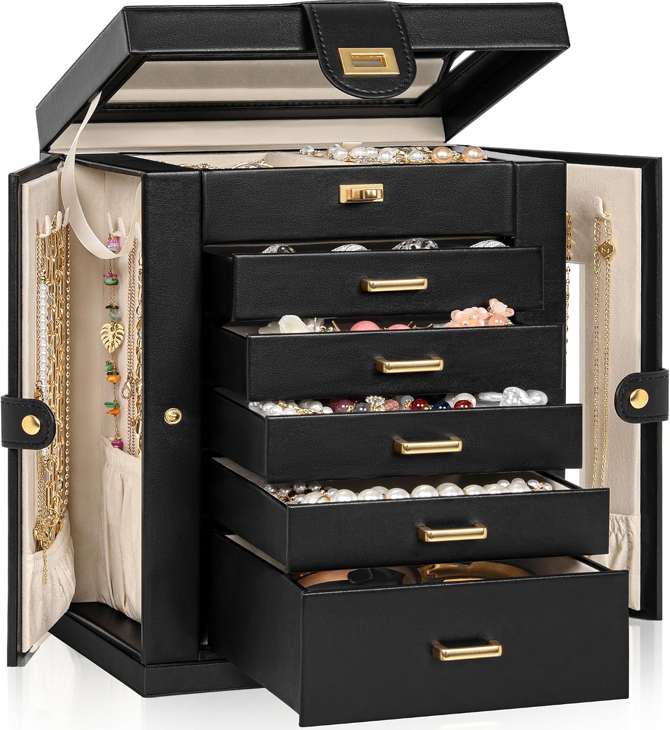 Caja organizadora joyería 6 niveles con espejo para mujer