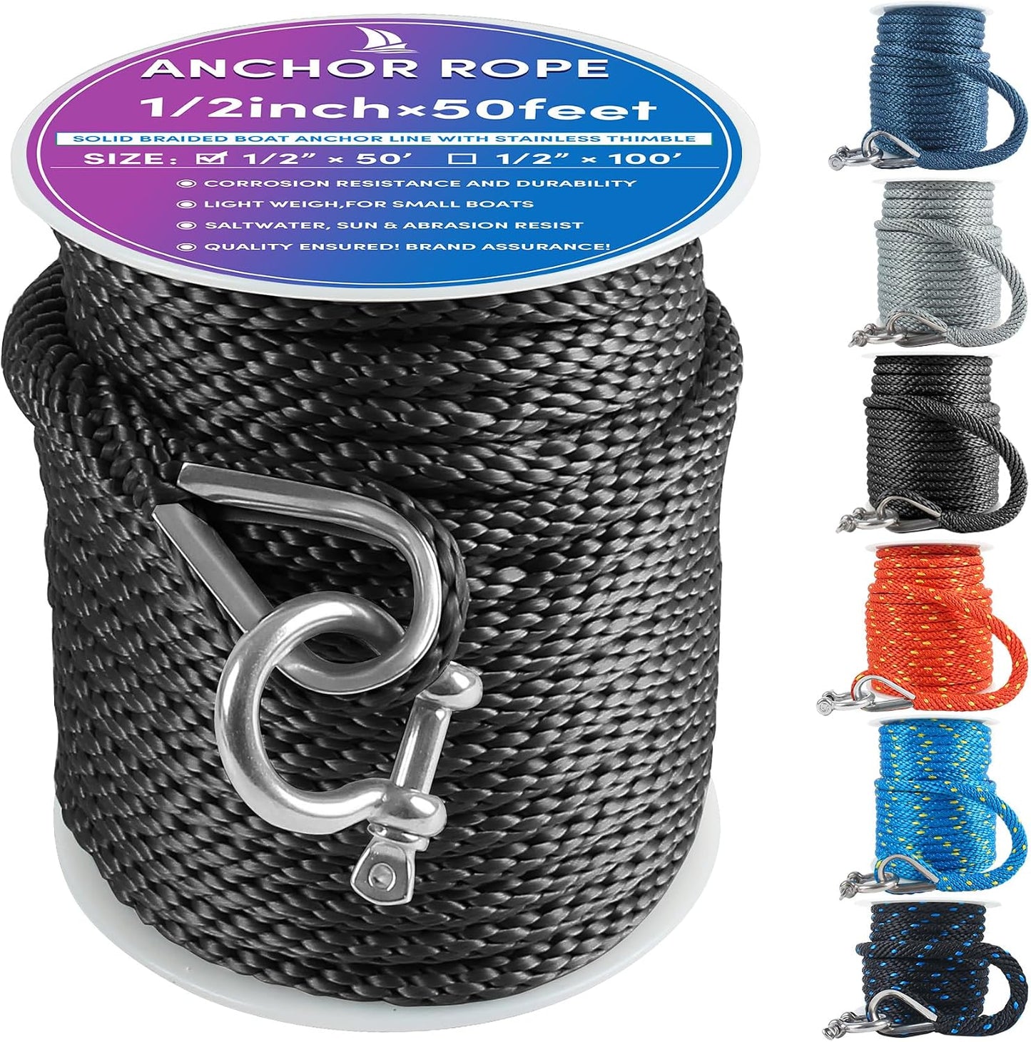 Cuerda anclaje 50ft x 1/2pulg trenzada sólida para barco negro