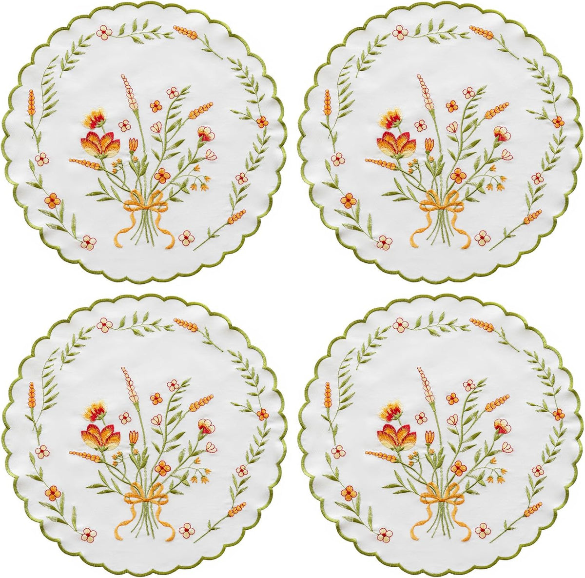 Juego de 4 manteles individuales redondos de flores silvestres bordados