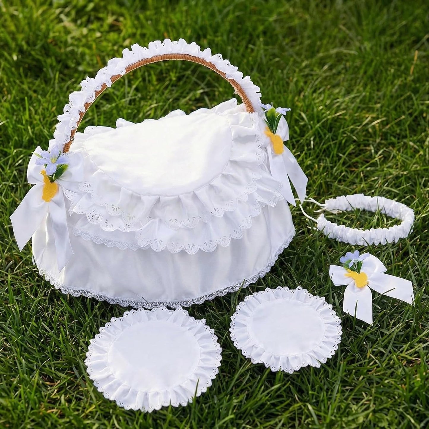 Juego de 6 fundas ortodoxas para cestas de Pascua, forro tela cesta encaje blanco, canasta, tapetes redondos y lazos con hierba de huevo