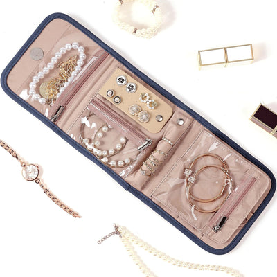Organiz. joyas viaje plegable azul gris