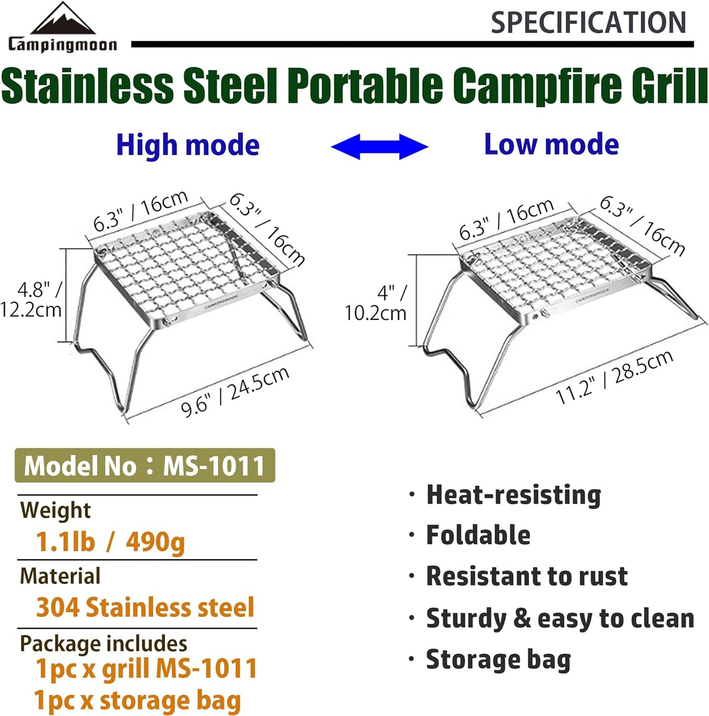 Parrilla plegable acero inox 304 para fogata