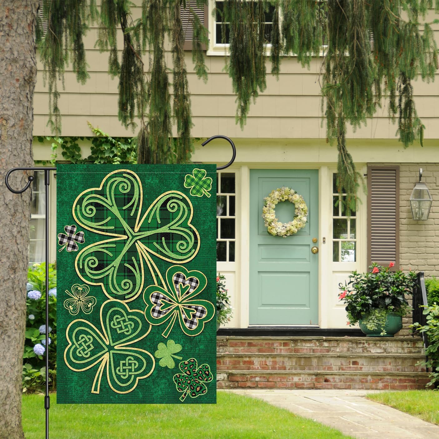 Bandera San Patricio 12x18pulg doble cara trébol búfalo cuadros