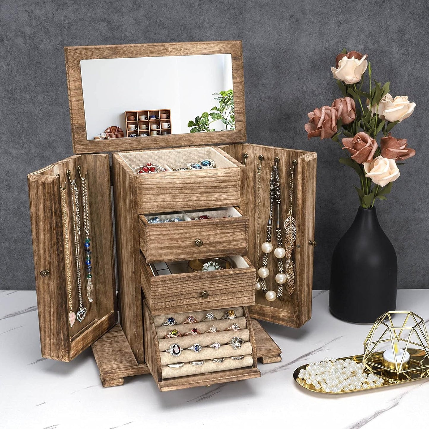 Caja joyas madera rústica con espejo 4 niveles marrón