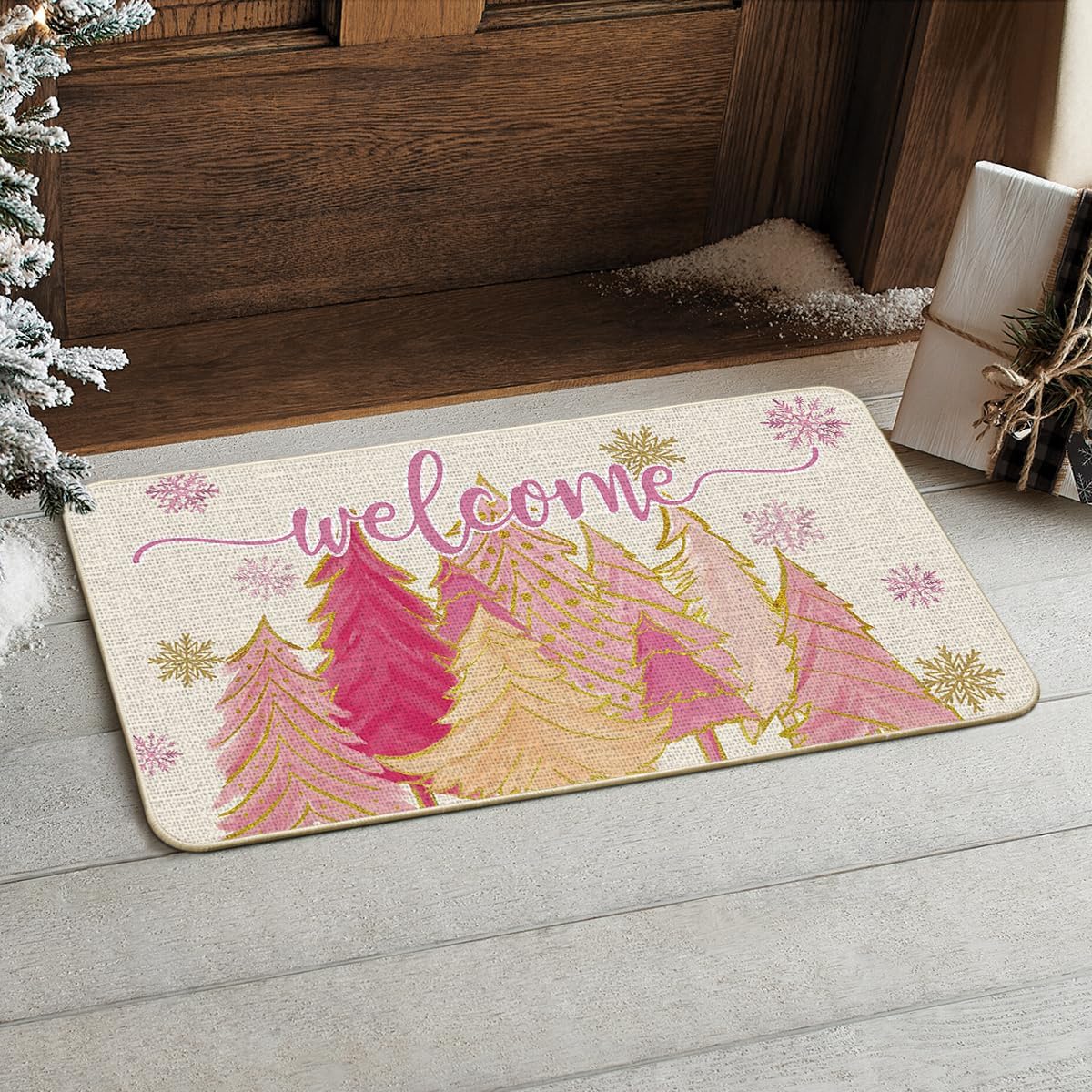 Tapete bienvenida copo nieve árbol rosa navidad 17x29pulg