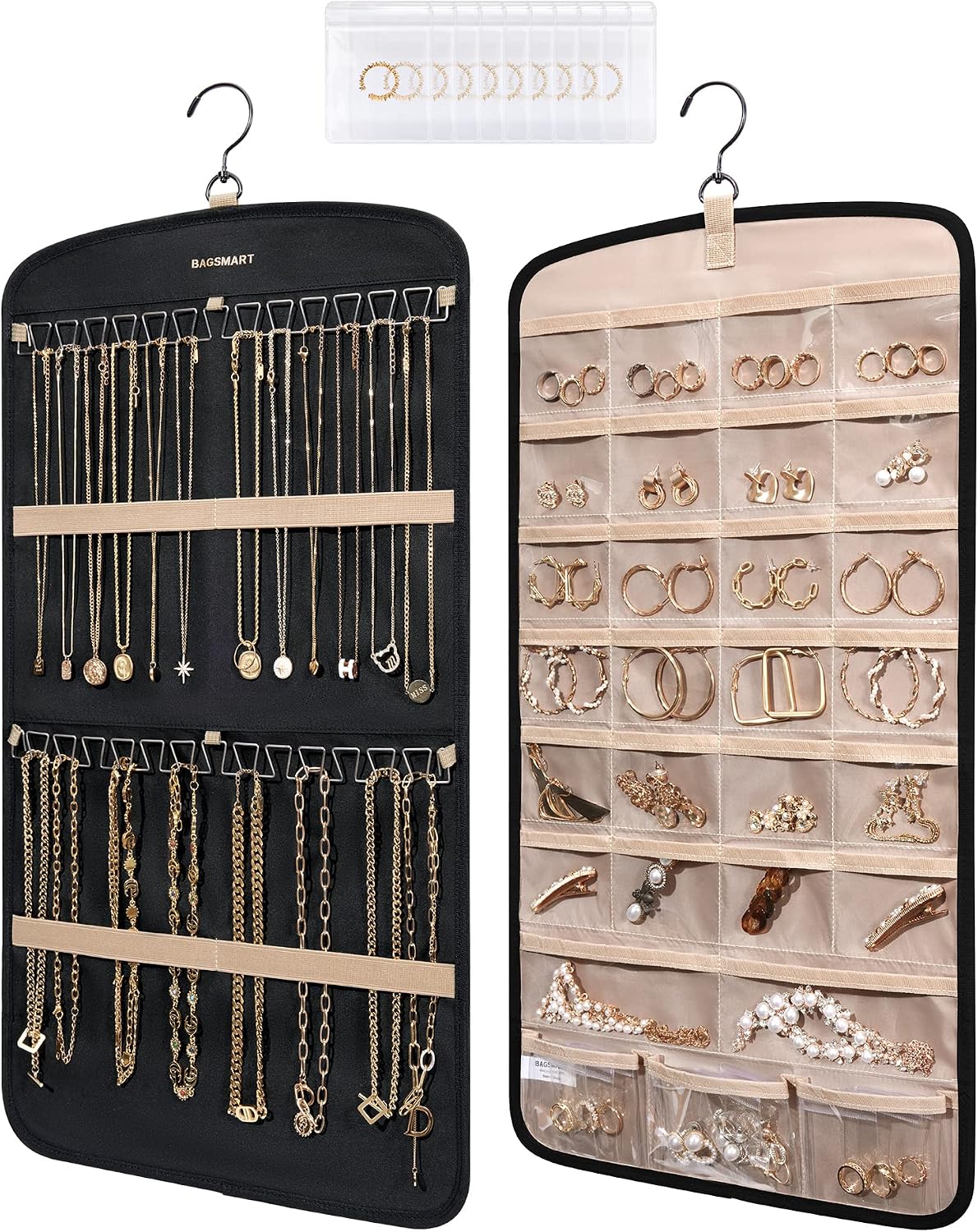 Organiz. joyas colgante con 10 bolsas y rollo almacenamiento