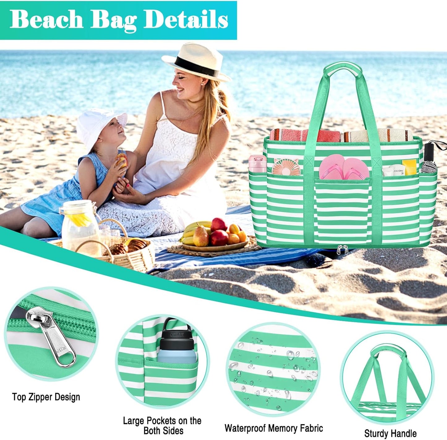 Bolsa playa mujer 12 bolsillos impermeable a prueba de arena
