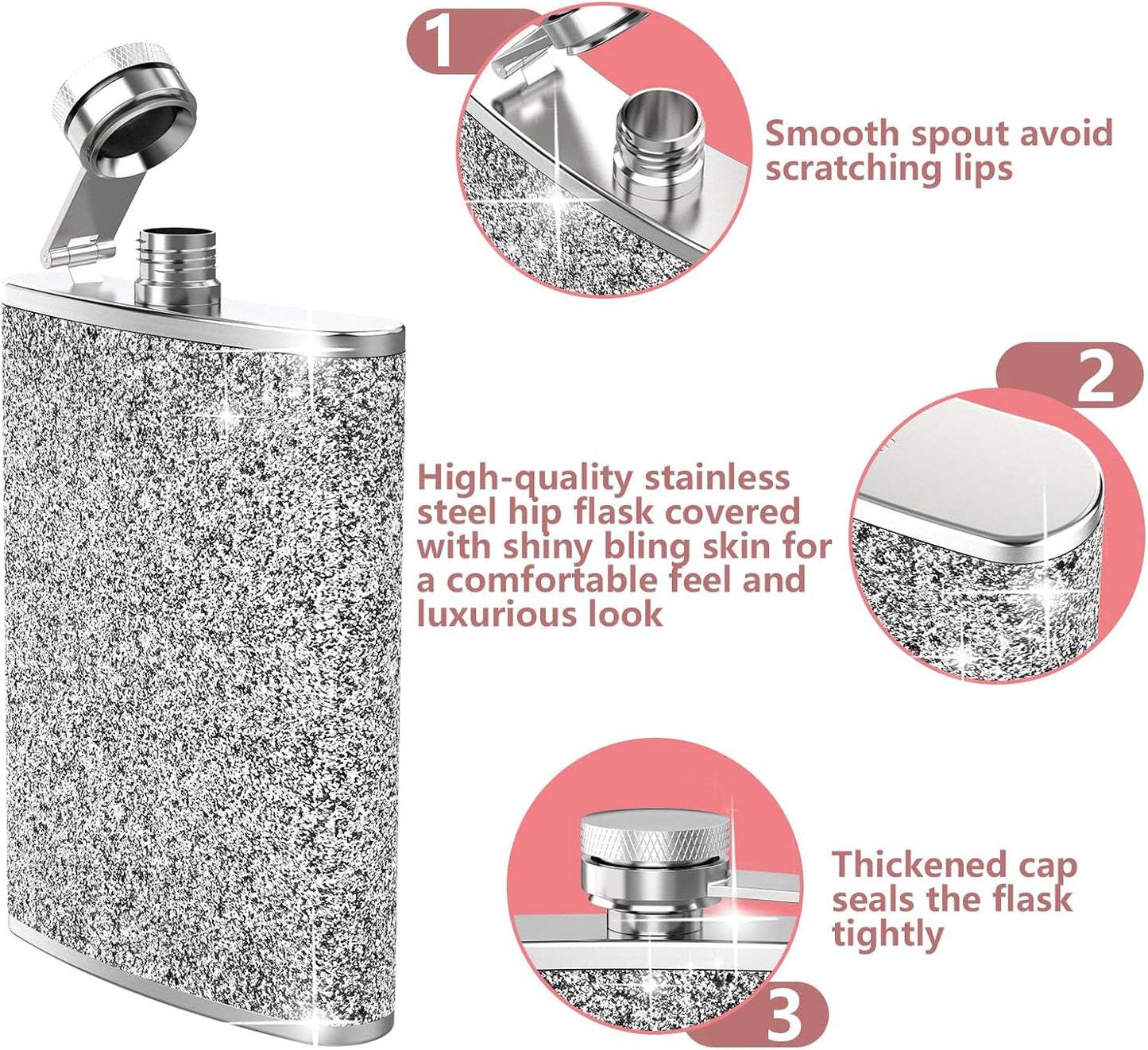 Petaca acero inox 236ml tapa antiperdida embudo plateada