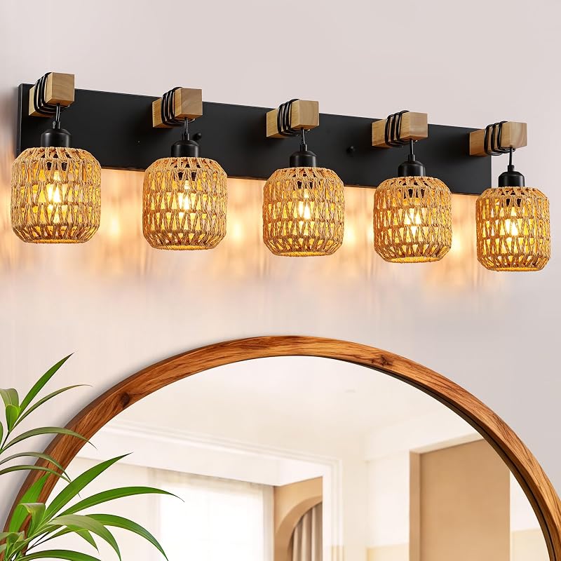 Lámpara de tocador 5 luces estilo rústico madera mimbre