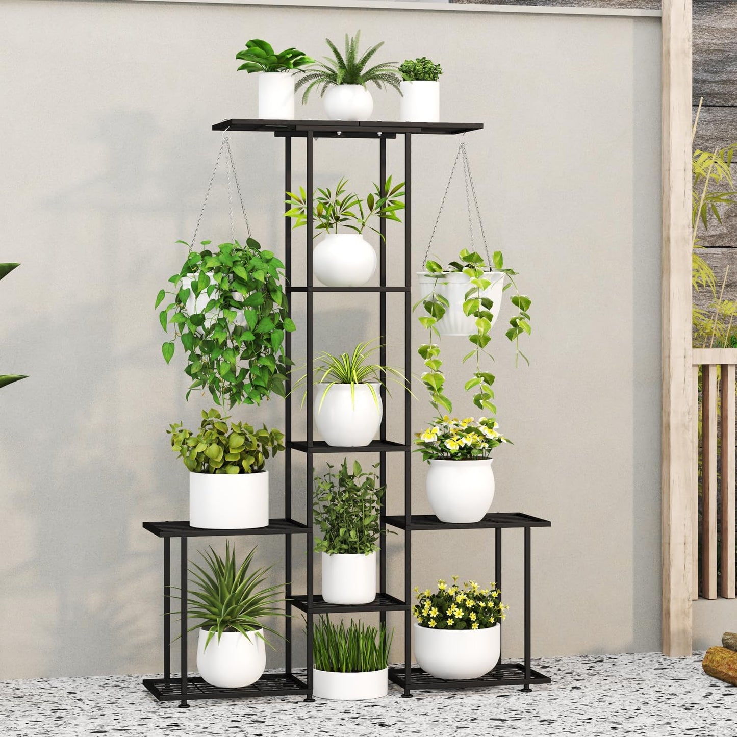 Soporte plantas colgante metal 6 niveles jardín negro