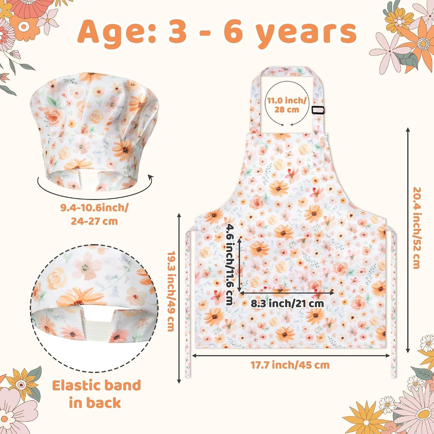 Set 4 Delantales Infantil con Gorro Chef Estampado Floral Ajustable
