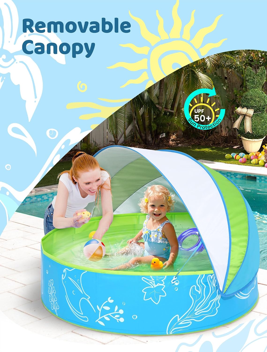 Piscina plegable para niños 47pulg con dosel azul-verde