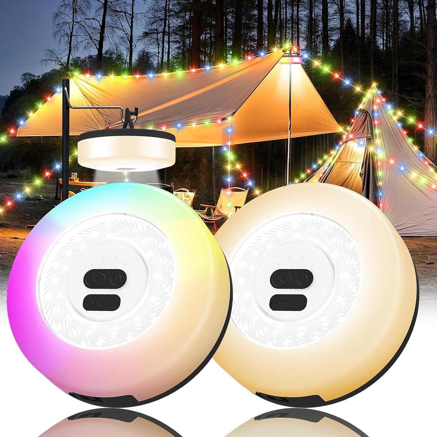 2 Pzas Luces Campamento Recargables 32.8pies 9 Modos RGB