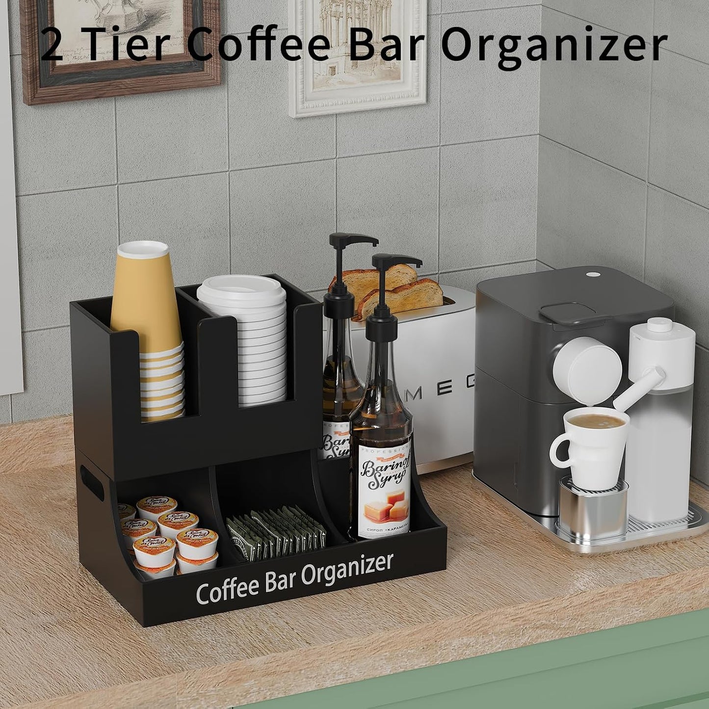 Organiz. madera encimera café tazas condimentos
