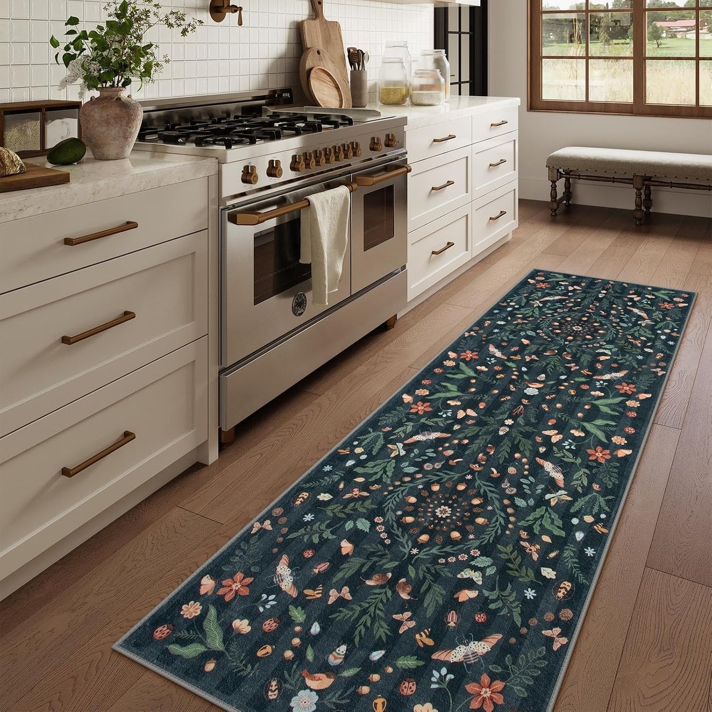 Alfombra lavable diseño botánico insectos 2x6ft negro