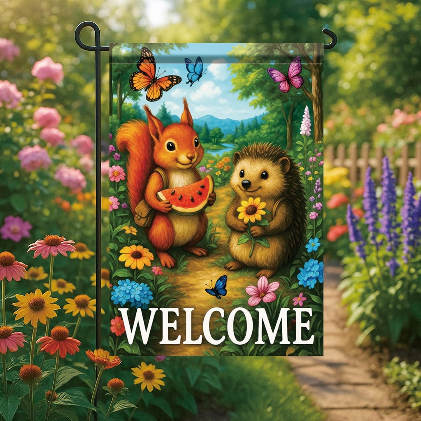 Bandera jardín doble cara 28x40" ardilla flor