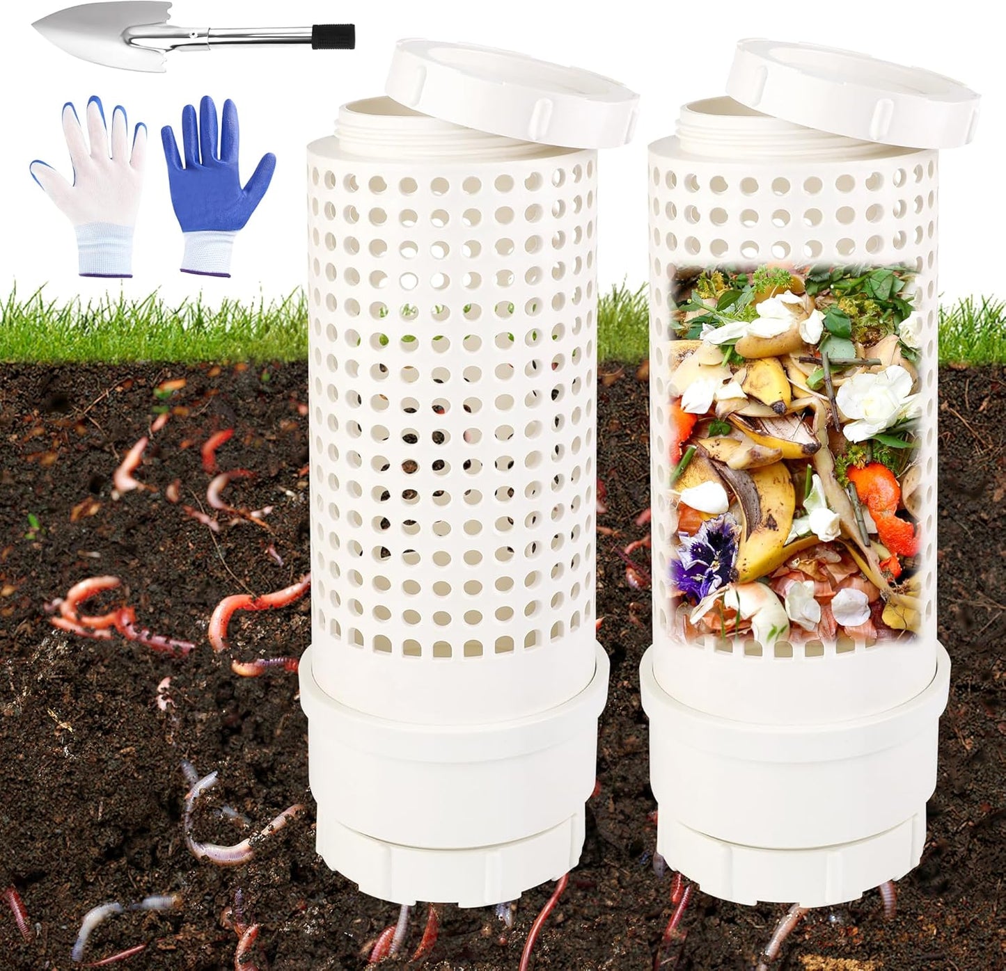 2 Pack Compostador Gusanos con Tapa Pala y Guantes