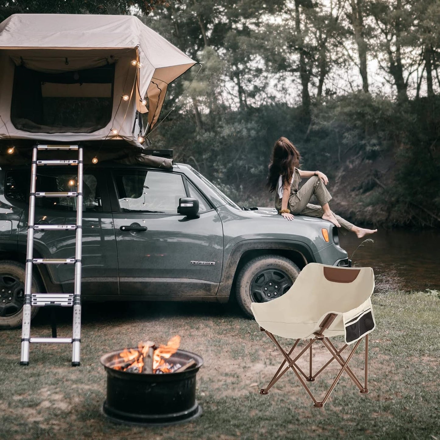Silla camping plegable con bolsa y bolsillo caqui