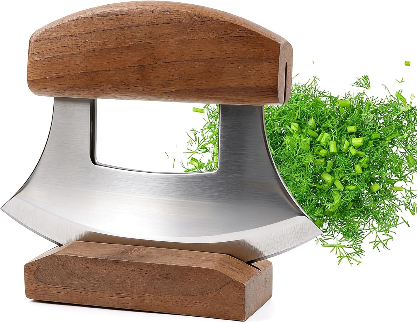 Cuchillo mezzaluna afilado con soporte de madera para ensaladas y verduras
