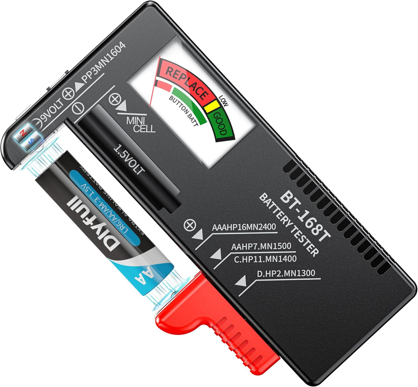 Probador magnético baterías AAA AA C D 9V pantalla analógica