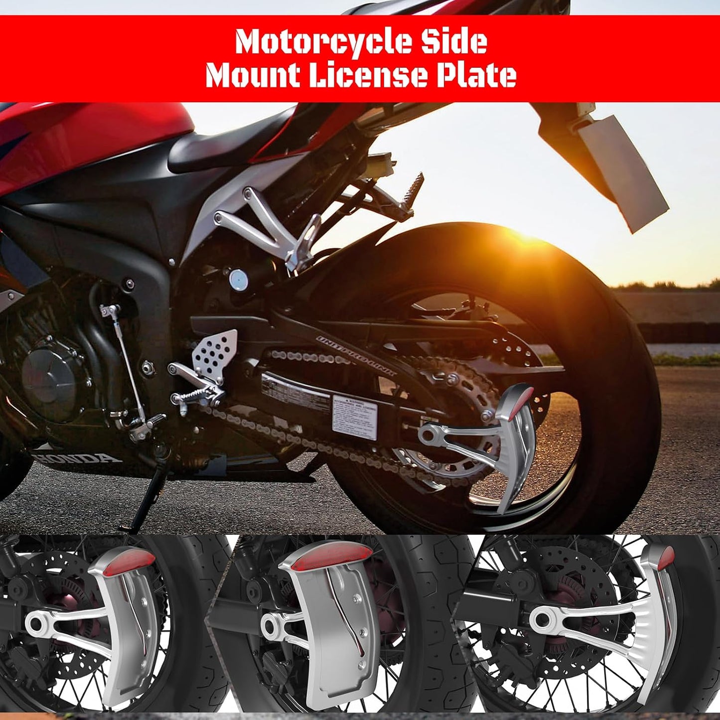 Placa matrícula curva cromada para moto con luz LED y freno