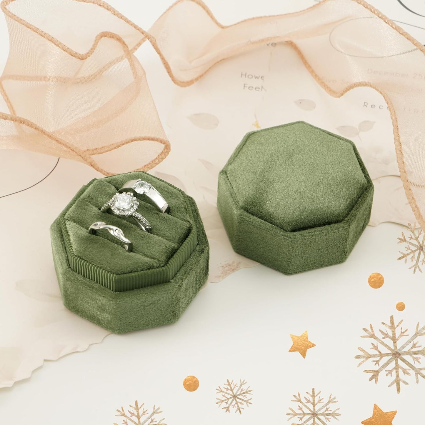 Caja anillos compromiso octogonal 3 ranuras verde musgo