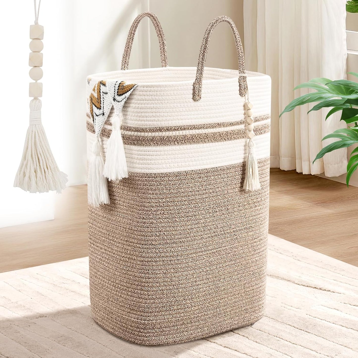 Cesta lavandería tejida 50L con borlas para ropa sucia