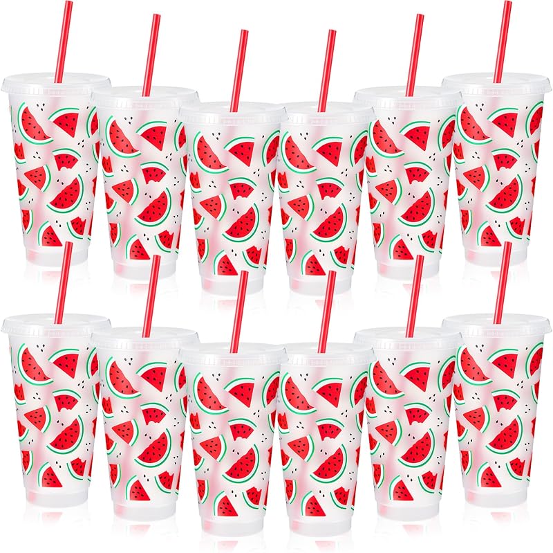12 Vasos Plástico Sandía 24oz Reutilizables con Tapa y Pajita