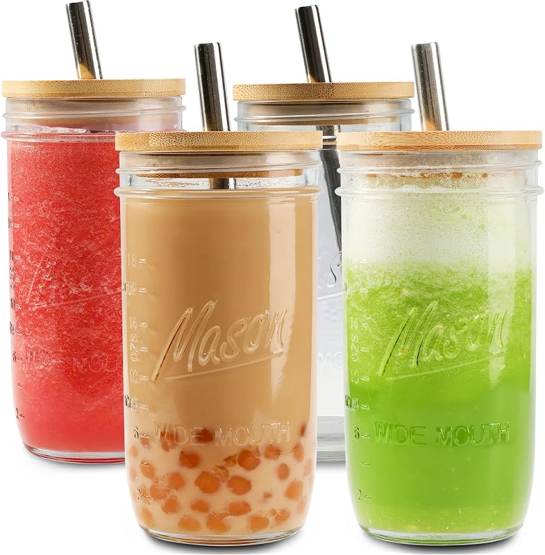 4 Tazas Vidrio 24oz Boca Ancha Tapas Bambú Pajitas