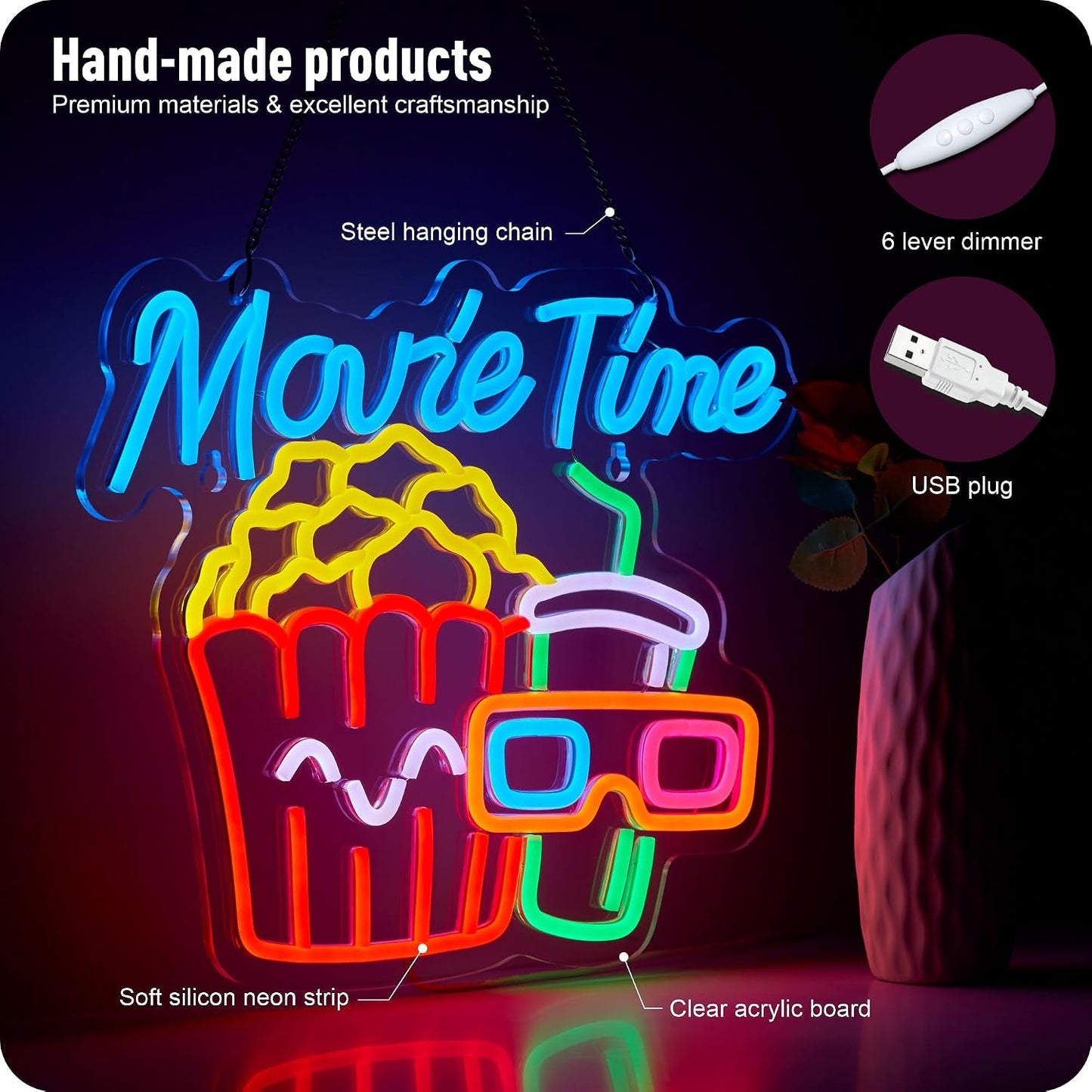 Letrero neón led para sala cine palomitas usb decoración pared
