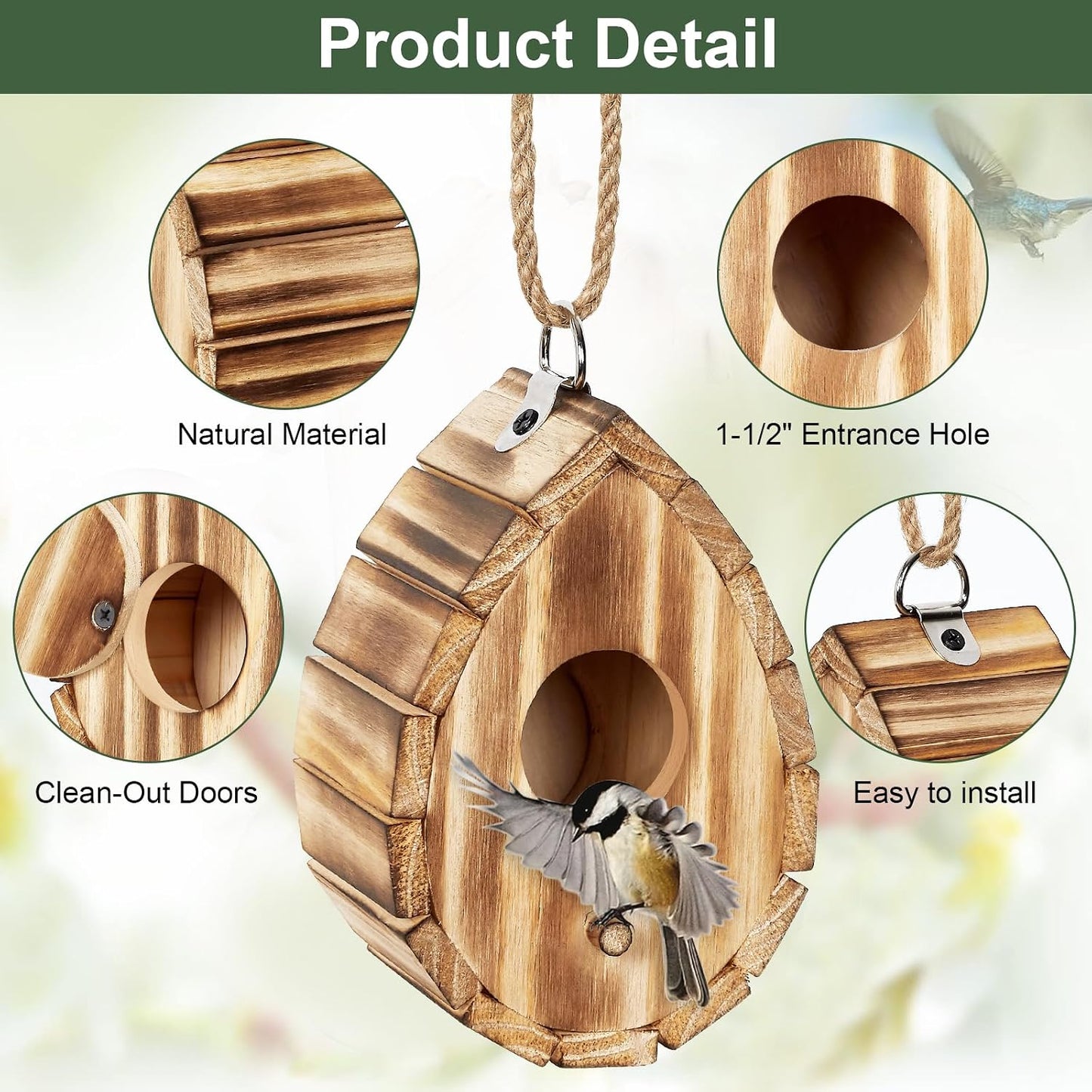 Casa colibrí madera natural para pájaros 5.9"
