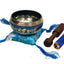 Cuenco tibetano azul con bandera budista fabricado en Nepal