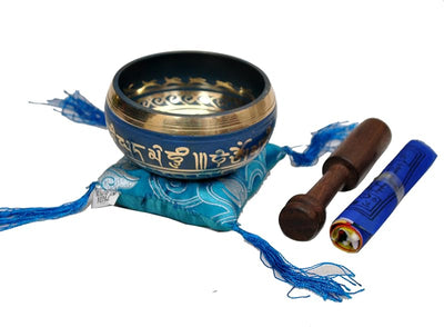 Cuenco tibetano azul con bandera budista fabricado en Nepal