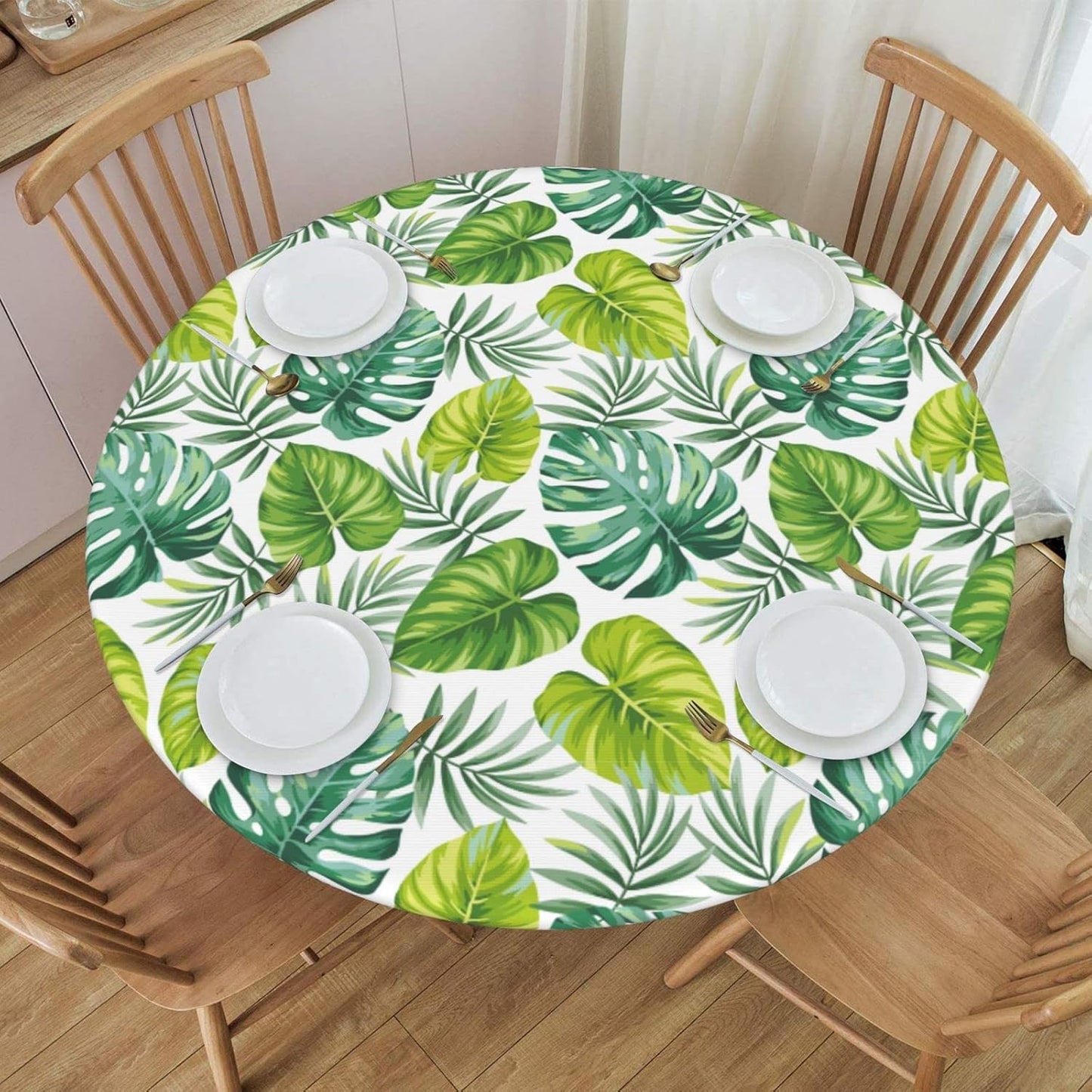 Mantel redondo ajustable hojas palmera verde 45-50"