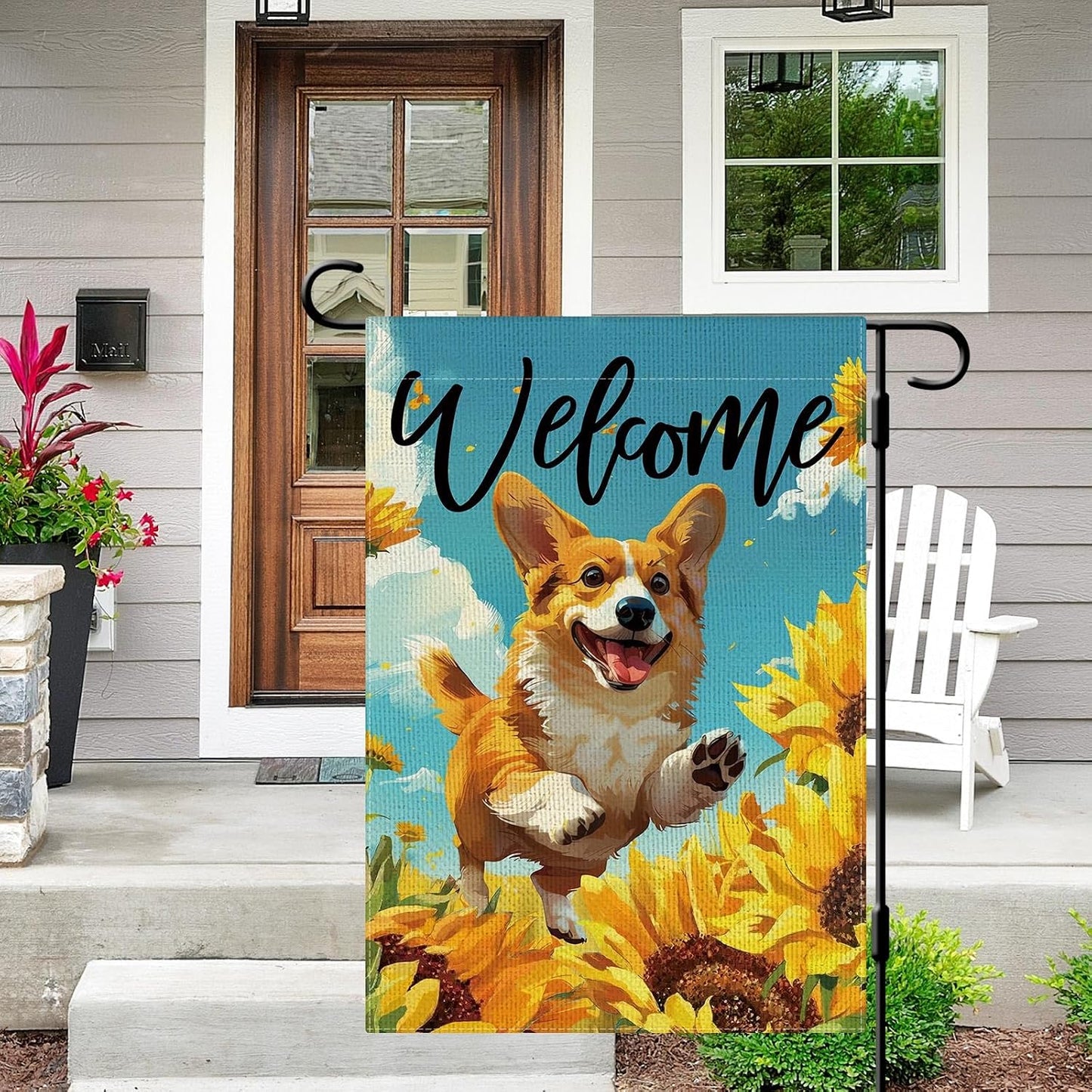 Bandera jardín corgi girasol 12x18pulg doble cara arpillera