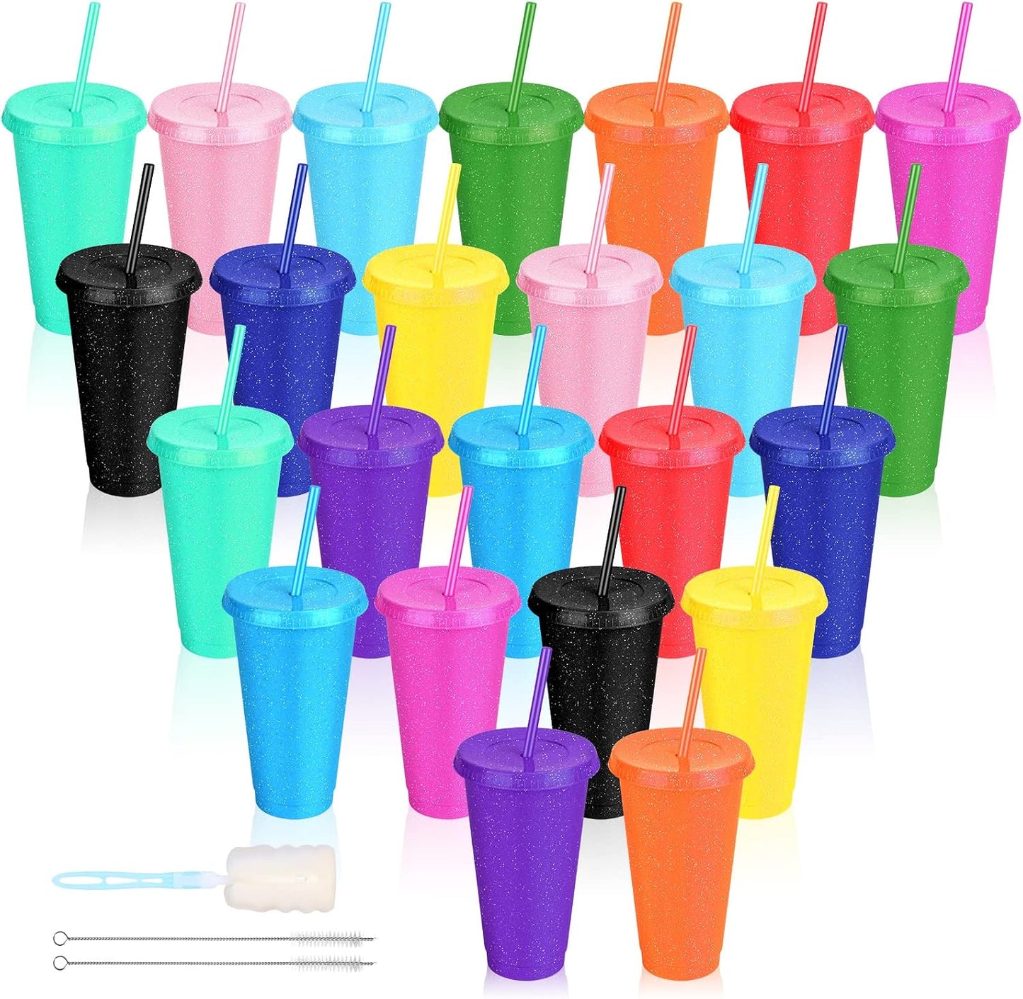 24 Vasos Plástico con Tapas y Popote Reutilizables Coloridos