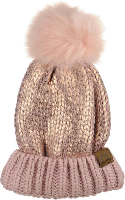 Gorro punto acabado metálico pompón piel sintética mujer