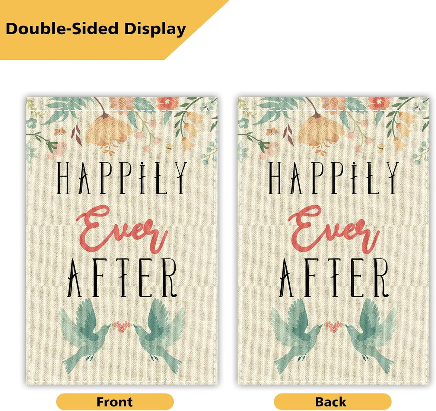 Bandera jardín doble cara 12x18pulg texto «happily ever after»
