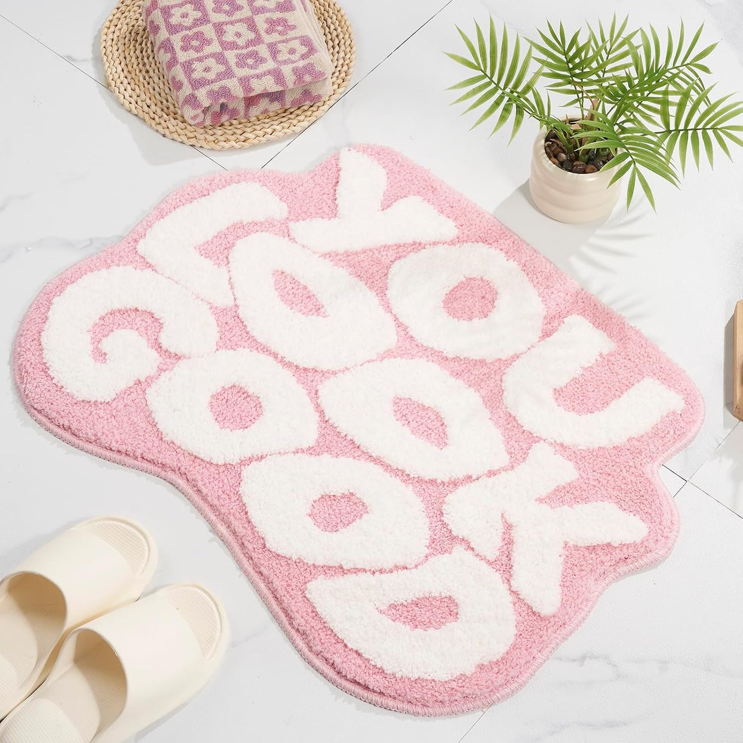Alfombra baño texto inglés rosa claro antiderrap 25x21pulg