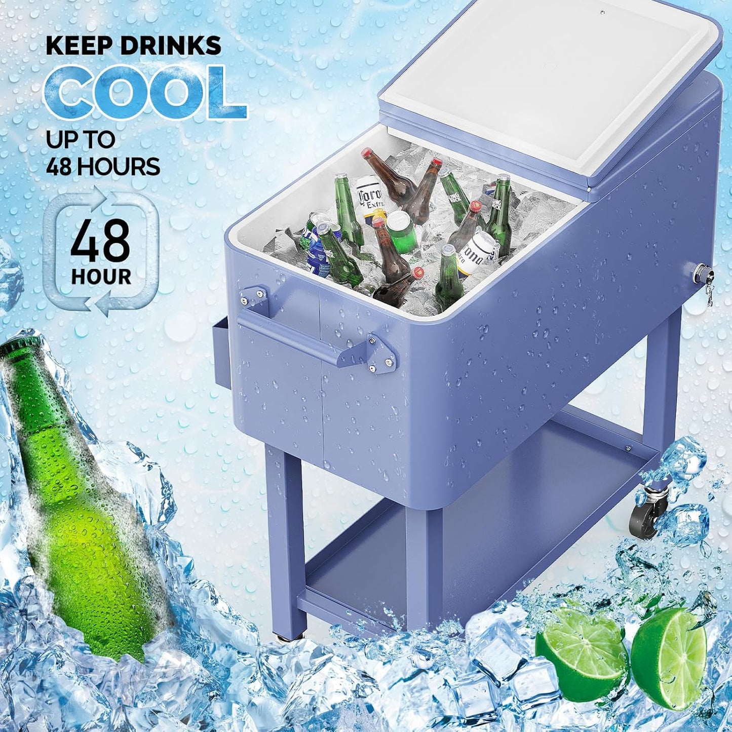 Baúl hielo rodante 80qt carrito fiesta con estante y abridor