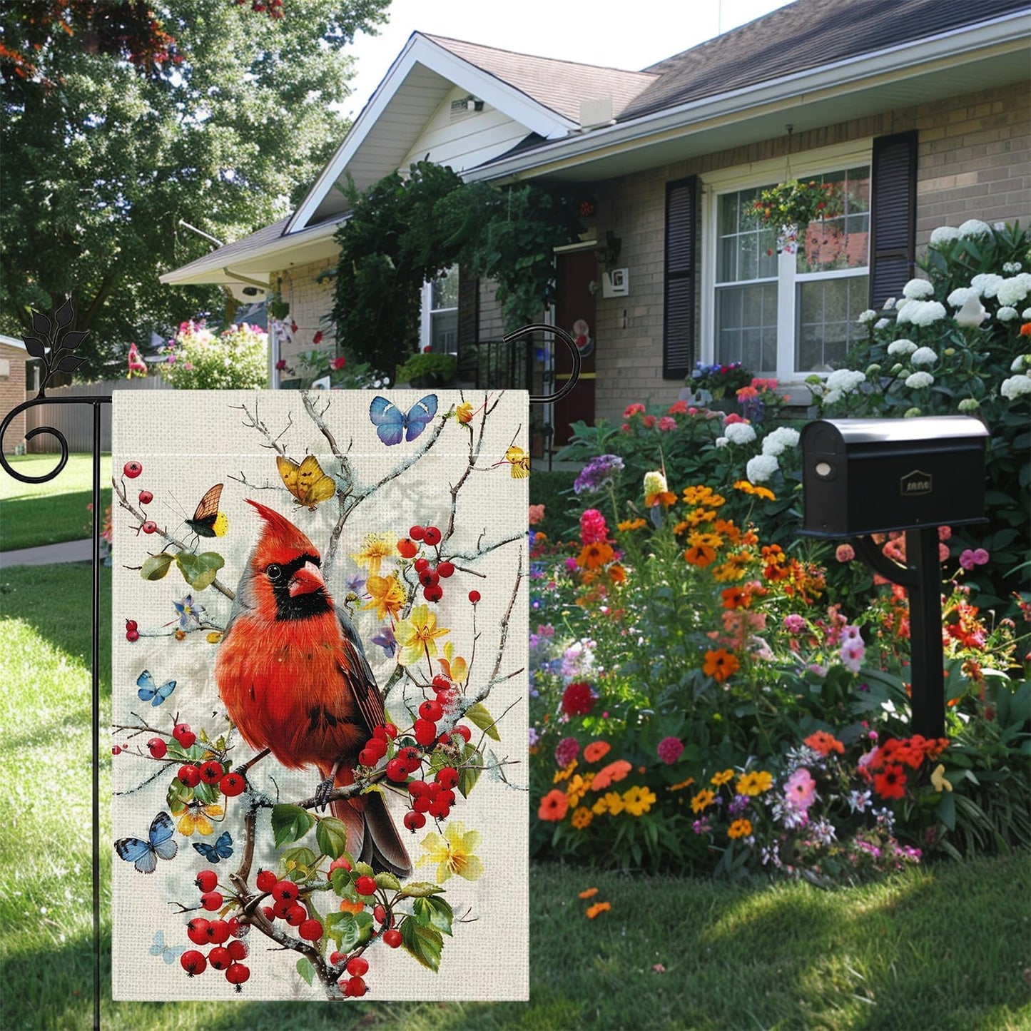 Bandera jardín primavera cardenal flores mariposa 12x18pulg