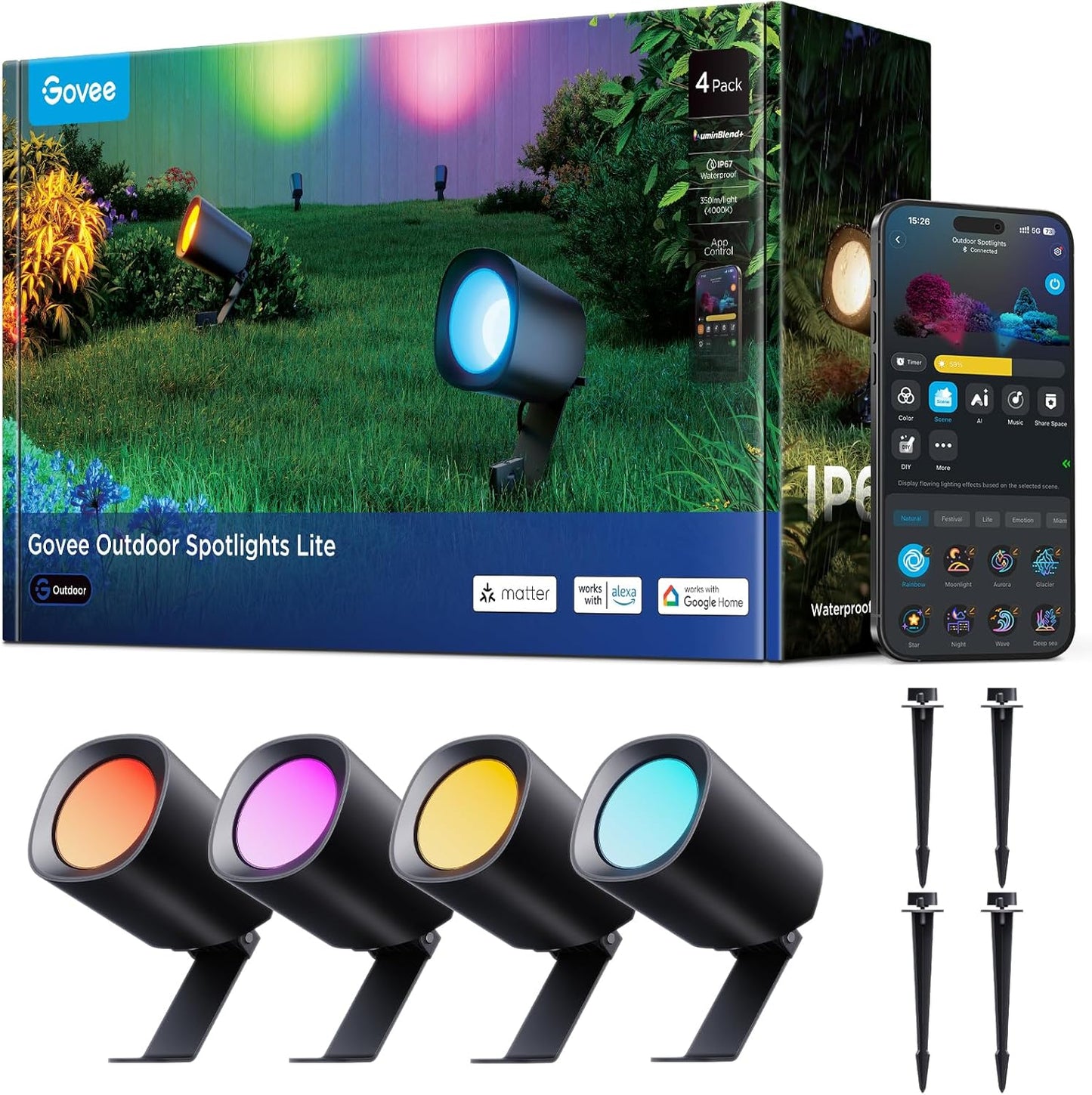 4 Pzas Focos Exteriores IP67 RGBWIC con Alexa y Google