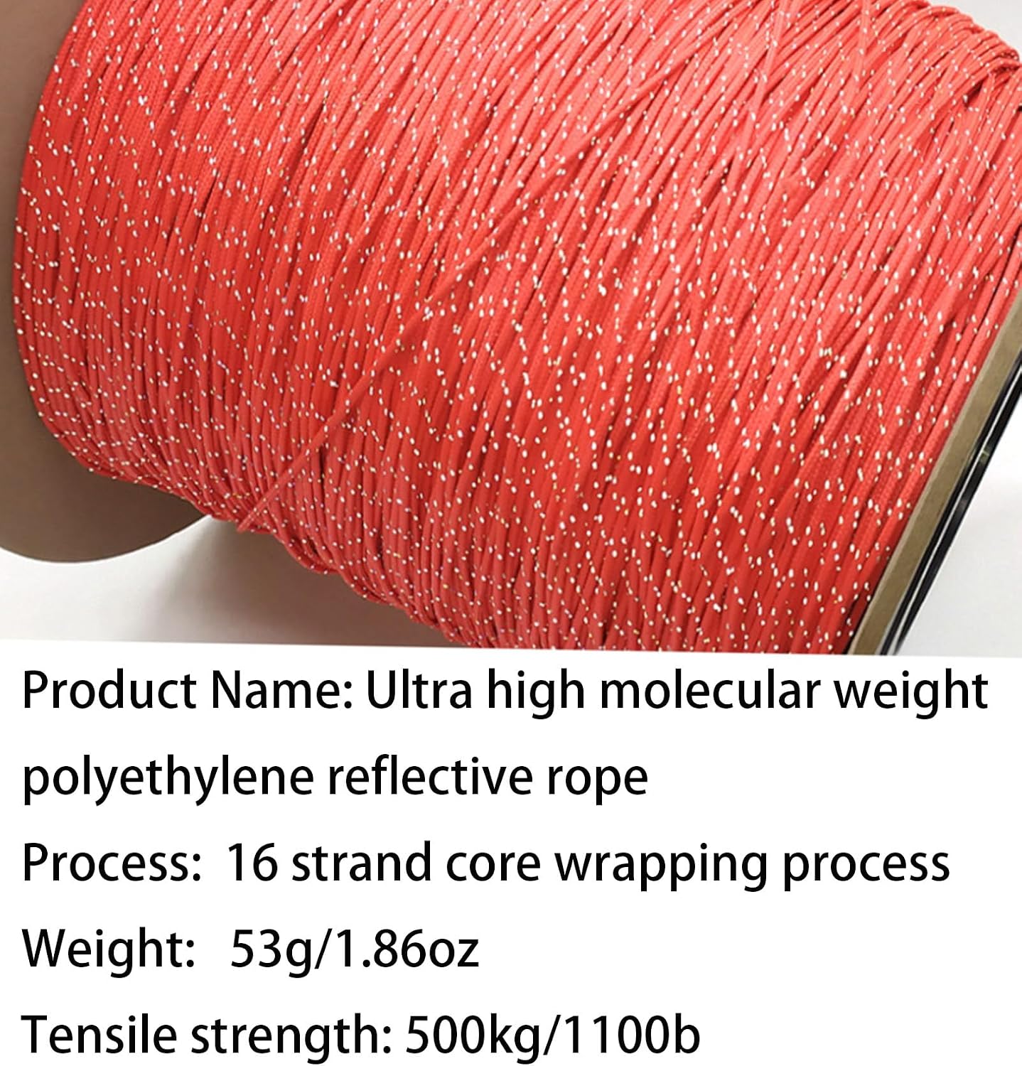 Cuerda Reflectante Dyneema 2mm 65pies 400kg Resistencia Rojo